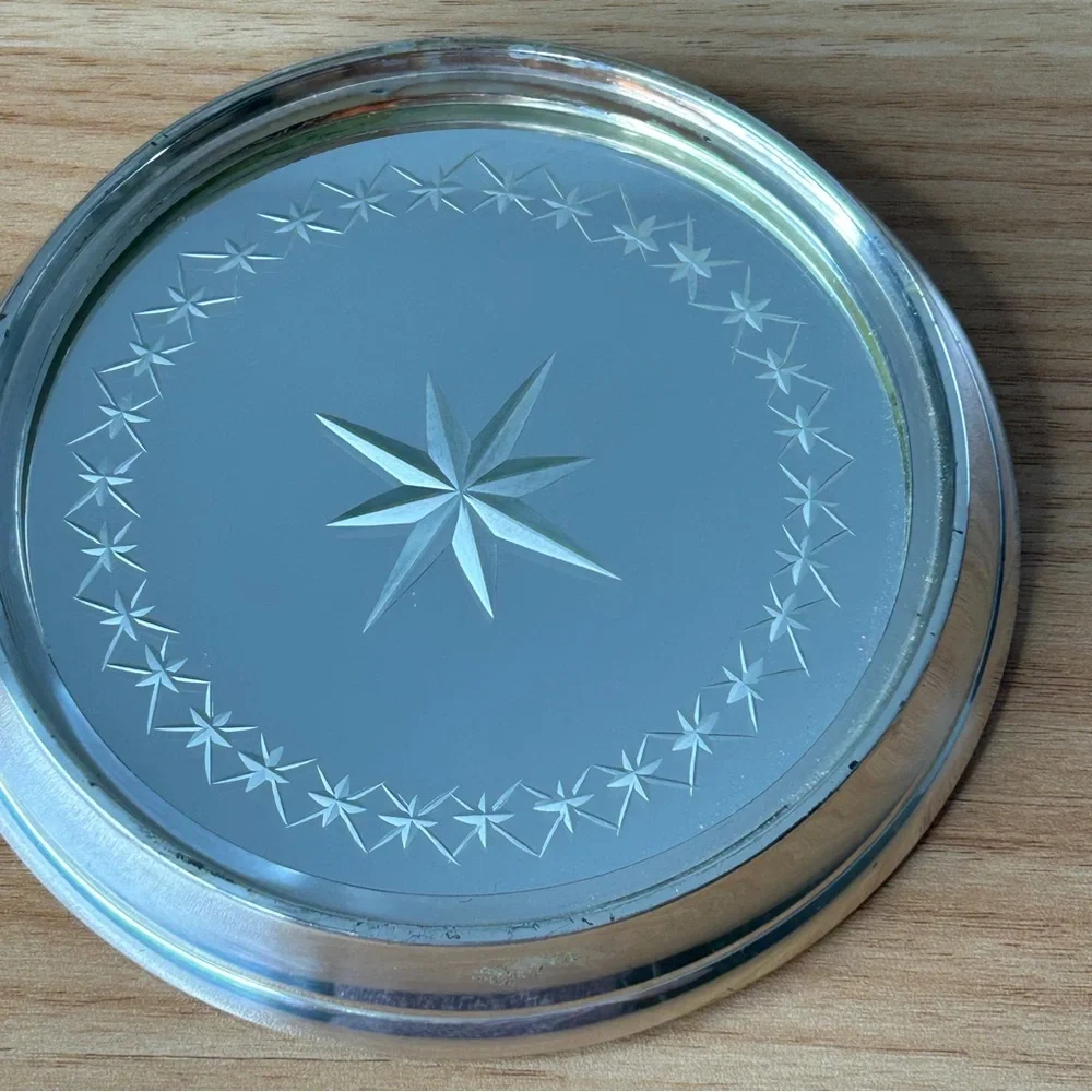 White Barn Co. Silver Star Burst Mirror Candle Wine Bottle Coaster Etched - Picture 11 of 13